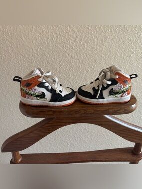 Jordan Kids High-Top Sneakers - White/Black/Orange with Floral Embroidery